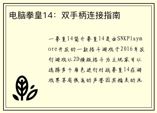 电脑拳皇14:双手柄连接指南